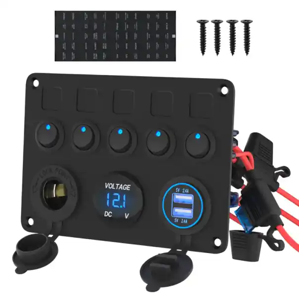 Preferatul clienților Panou multifuncțional 12V-24V cu priză duală USB, voltmetru, priză de 12V și 5 comutatoare LED cu protecție împotriva suprasarcinii