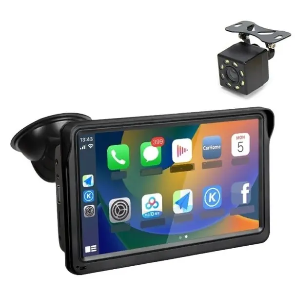 Chilipir Ecran tactil portabil HD pentru mașină cu suport și cameră de parcare Ecran wireless de 7 inchi cu cameră de marșarier și suport pentru Apple CarPlay și Android Auto