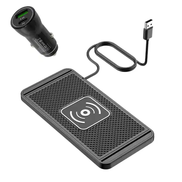 Popular Încărcător auto rapid wireless cu suport din silicon de 15W, cablu USB A + încărcător brichetă USB C și USB A QC 3.0 PD 20W