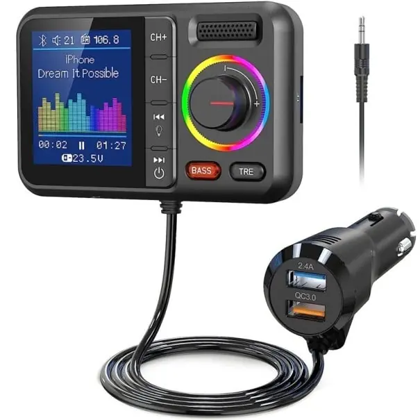 Ofertă Transmițător FM wireless multifuncțional pentru mașină cu ecran color mare, player MP3, adaptor AUX, porturi USB duale, încărcare rapidă QC3.0, 12V