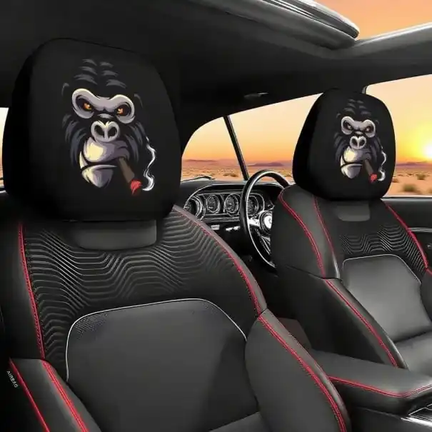 2 buc. Capac pentru suportul de cap auto 28 x 26 cm Capac negru din poliester cu motiv de gorilă Decorare interioară Super ofertă