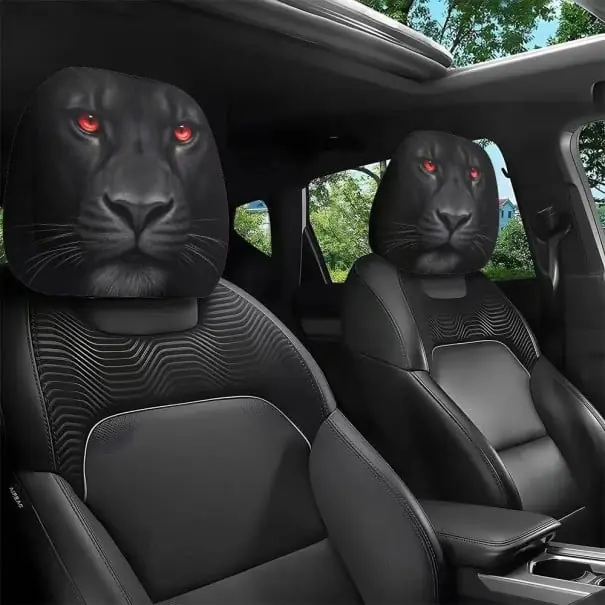 2 bucăți Capac pentru suportul de cap auto 28 x 26 cm Capac din poliester negru cu motiv de leu Decorare interioară auto Calitate înaltă