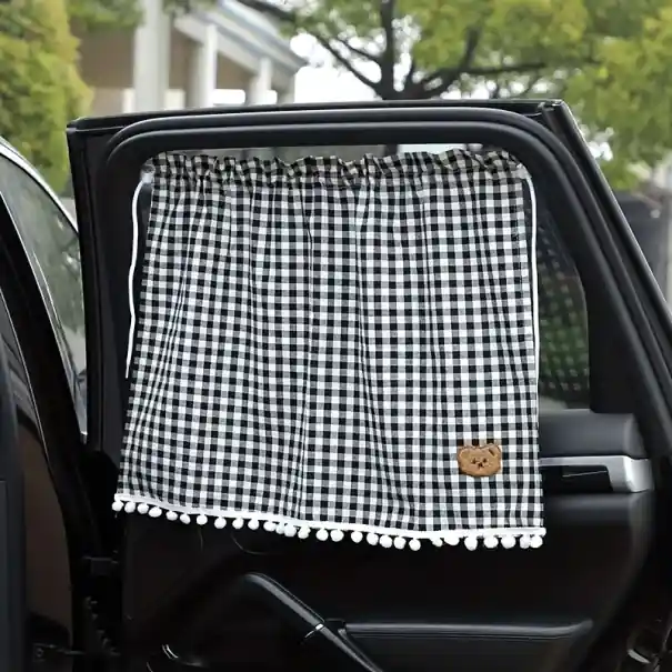 Cortină pentru fereastra laterală cu ventuze Design în carouri cu ursuleț brodat Decorare pentru camera copiilor Protecție împotriva soarelui Reducere