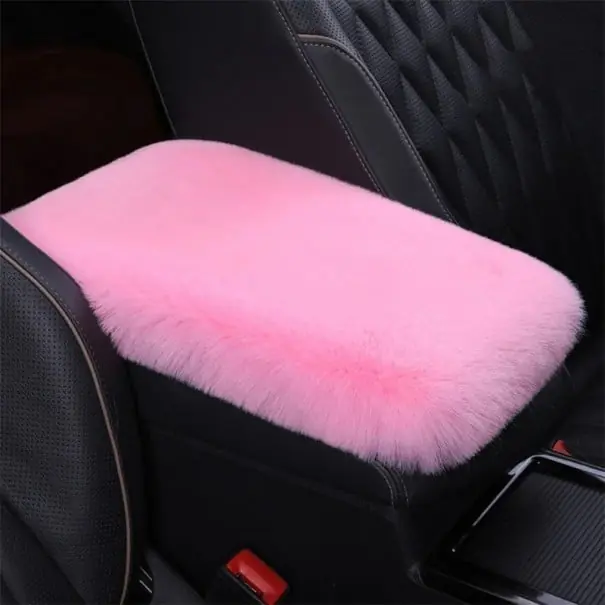 Ofertă Husă pentru cotieră auto 29 x 19,5 cm Husă roz din pluș călduroasă din blană artificială de iepure Husă moale și pufoasă pentru consolă