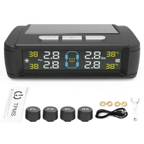 Sistem solar TPMS pentru mașină cu afișaj LCD, 4 senzori externi, încărcare USB, monitorizare presiune și temperatură în anvelope, instalare wireless Ofertă limitată