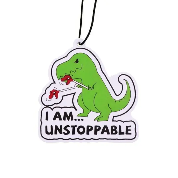 Reducere de preț Osvěžitor de aer pentru mașină cu dinozaur, inscripția I am unstoppable, breloc parfumat verde cu imprimeu colorat, decorare