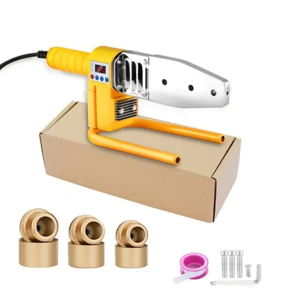 Mașină de sudură pentru tuburi 800W 220V cu accesorii metalice galben-argintii pentru sudarea tuburilor din plastic pentru instalarea rețelelor Vezi acum