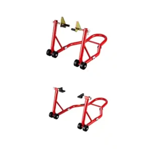 Stâlpi pentru motociclete set pentru față și spate capacitate 385 kg dimensiuni 770 x 540 x 350 mm și 680 x 450 x 350 mm roșii pentru service Disponibil imediat