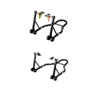 Stânduri pentru motocicletă față și spate set capacitate 385 kg dimensiuni 770 x 590 x 350 mm și 680 x 450 x 350 mm negre pentru service Cumpărături sigure