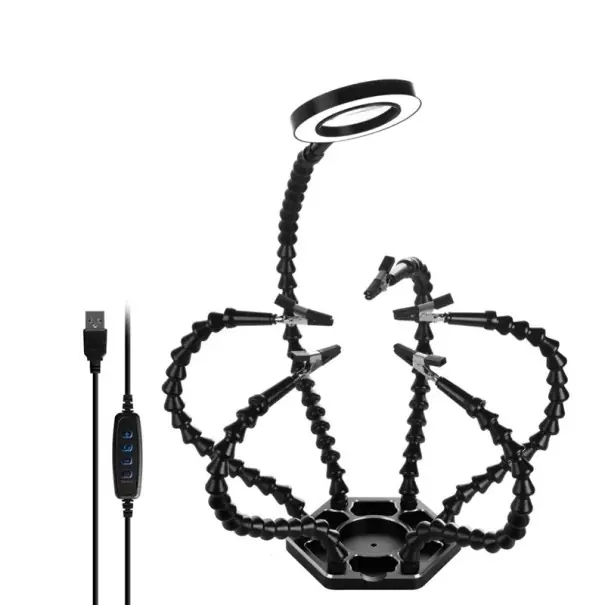 Mai ieftin Stație de reparare cu LED și lupă cu suporturi, bază 14 × 12 cm, USB, neagră, cu brațe articulare pentru sudură și reparații electronice