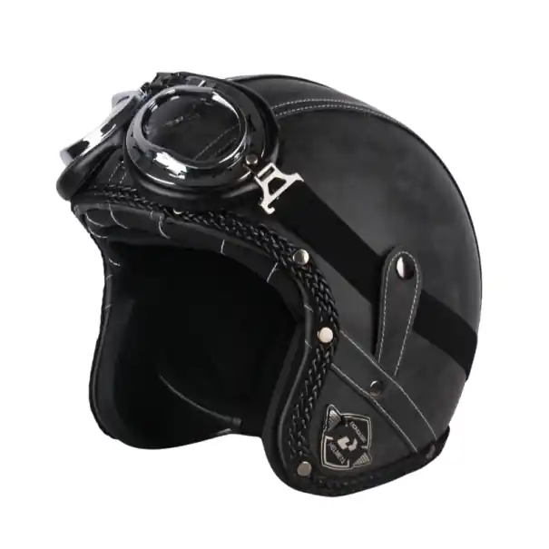 Casca de motocicleta retro cu ochelari de protectie Design clasic cu detalii din piele Casca de protectie din material ABS pentru conducerea motocicletei Cumpărături sigure