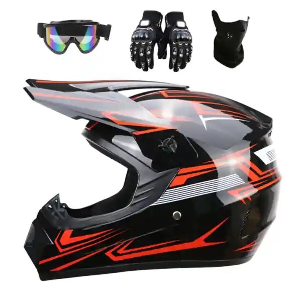 Reducere specială Cască de motocicletă pentru copii cu mască de protecție Mănuși și ochelari de protecție Cască integrală ABS cu vizieră Ventilație Neagră cu imprimeu roșu