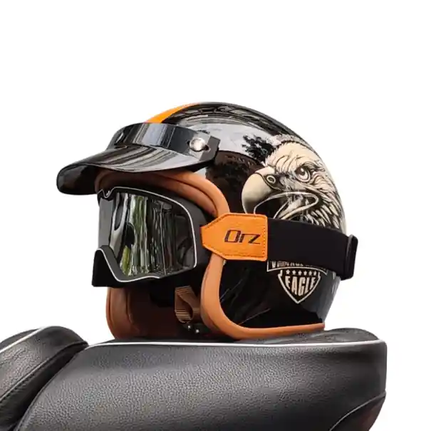 Plată sigură Cască de motocicletă retro cu motiv vultur Cască neagră din material ABS cu ochelari de protecție Echipament retro elegant de călărie