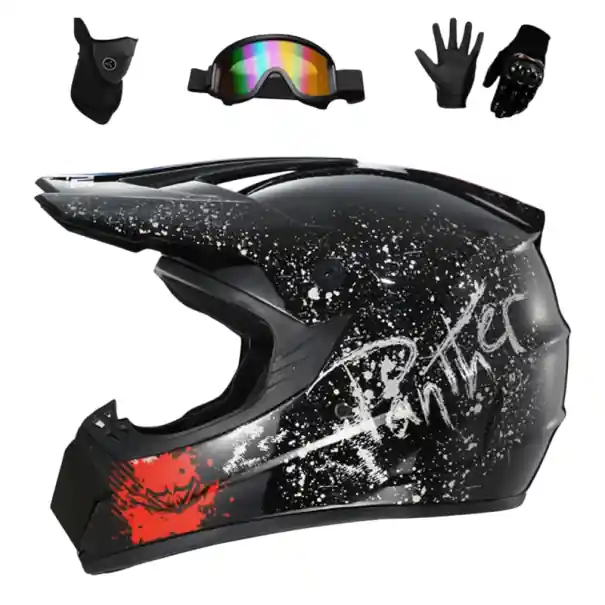 Cască integrală pentru motocicletă pentru copii cu sistem de ventilație, vizieră solară, mănuși, ochelari de protecție, mască, imprimare ABS solidă, neagră, 1,2 kg Expediere rapidă
