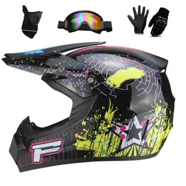 Retur ușor Cască de motocicletă pentru copii cu sistem de ventilație și vizieră solară Cască neagră cu imprimeu + ochelari de protecție, mănuși, mască ABS 1,2 kg