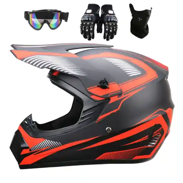 Disponibil imediat Cască de motocicletă pentru copii cu mănuși și ochelari de protecție, cască integrală din ABS cu sistem de ventilație, mască cu vizieră solară, imprimeu negru