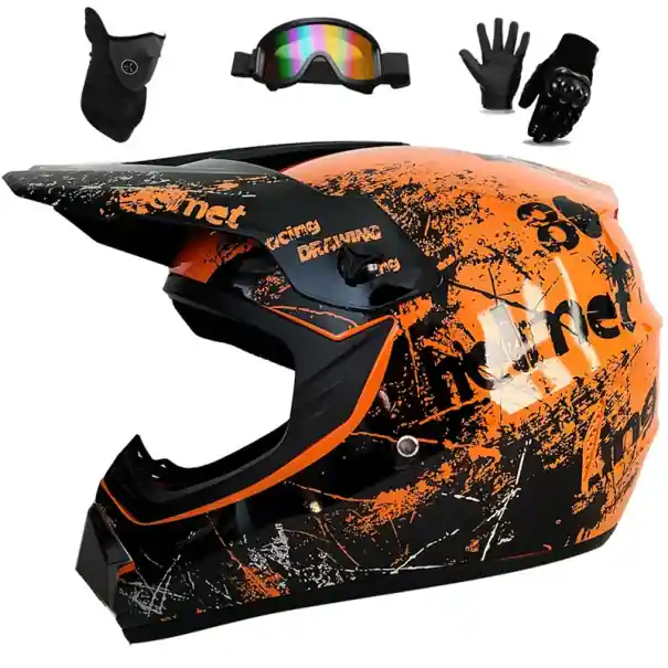 Transport gratuit Cască de motocicletă pentru copii, negru-portocaliu, ABS, mască integrală, vizieră solară, ochelari de protecție, mănuși, ventilație, 1,2 kg, 25 x 25 x 36 cm
