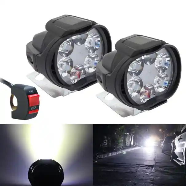 Calitate înaltă 2 buc Faruri pentru motocicletă cu 6 LED-uri, 8W, 6000K, lumini auxiliare electrice cu comutator pe ghidon, 65 x 55 x 50 mm, lumini exterioare pentru motocicletă