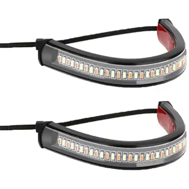 Premium 2 buc. Semnalizare LED pentru motocicletă, 12V, lumină albă și galbenă, bandă autoadezivă 12,5 cm, cablu 45 cm, clemă cablu 10,5 cm, iluminare de siguranță