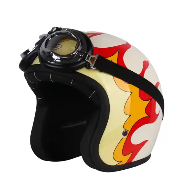 Cască de motocicletă albă retro cu flăcări Cască de protecție cu ochelari Cască clasică elegantă pentru conducerea unei motociclete Material ABS Plată securizată