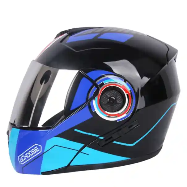 Reduceri Cască de motocicletă flip-up albastră cu vizor dublu Parasolar Cască exterioară din plexiglas argintiu ABS Cască rabatabilă pentru motocicliști