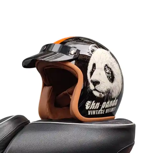 Cască de motocicletă neagră retro cu motiv panda Cască de motocicletă deschisă din material ABS Echipament elegant pentru motociclete Design la modă pentru călărie Reducere extra