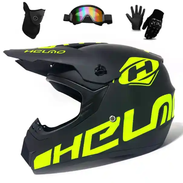 Discount Cască de motocicletă pentru copii, negru-verde, integrală, din ABS, cu vizieră solară, ochelari de protecție, mănuși și mască, 25×25×36 cm, 1,2 kg