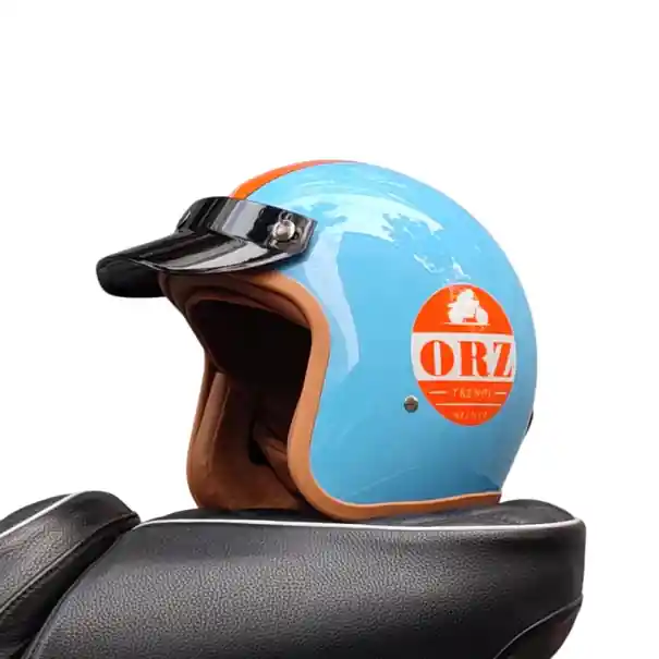 Cască de motocicletă retro albastră cu logo portocaliu Design clasic Material ABS Cască de motocicletă de siguranță Echipament elegant pentru călărie Transport gratuit