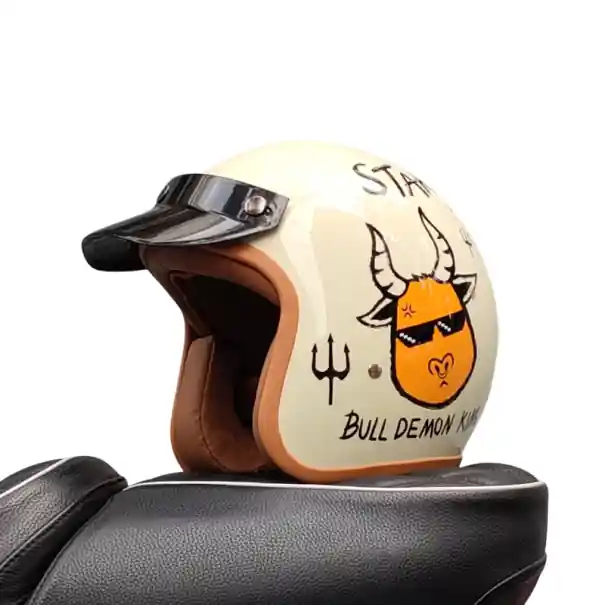 Cască de motocicletă retro cu ilustrație de taur Material ABS durabil Design vintage Cască deschisă cu vizor scurt Echipament moto elegant Livrare rapidă