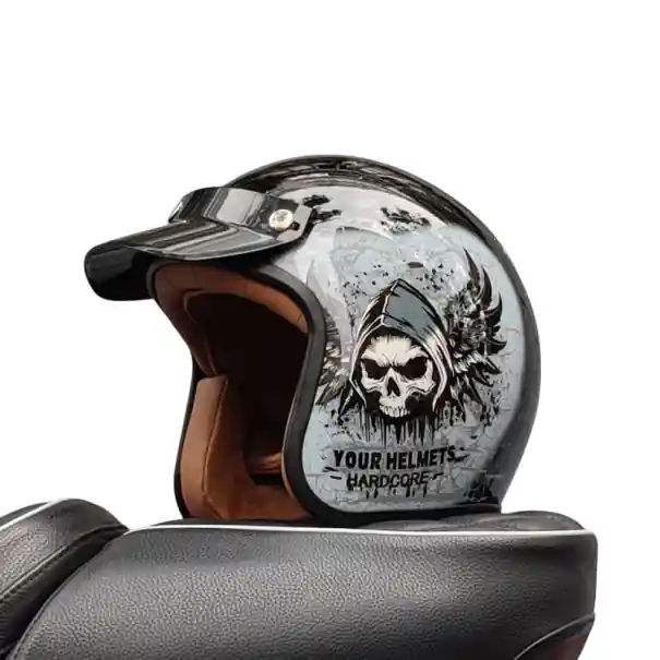 Cască de motocicletă retro gri cu motiv craniu Cască deschisă elegantă Material ABS durabil Căptușeală de siguranță Design de ventilație Ofertă