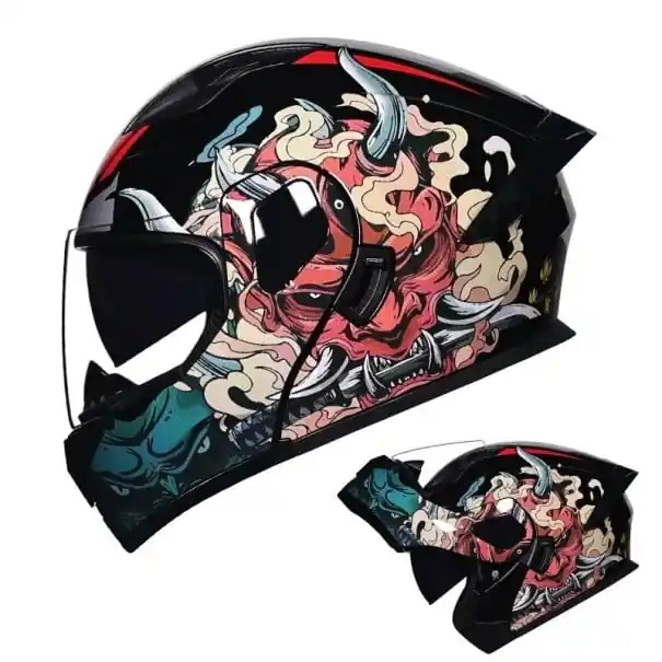 Casca integrală de motocicletă unisex, pliabilă, din ABS+PC, neagră, cu imprimeu de demon Discount