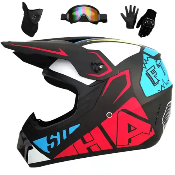 Cumpără online Cască integrală pentru motocicletă pentru copii cu sistem de ventilație, vizieră solară, mănuși, ochelari de protecție, mască, neagră, 25x25x36 cm, ABS, 1,2 kg