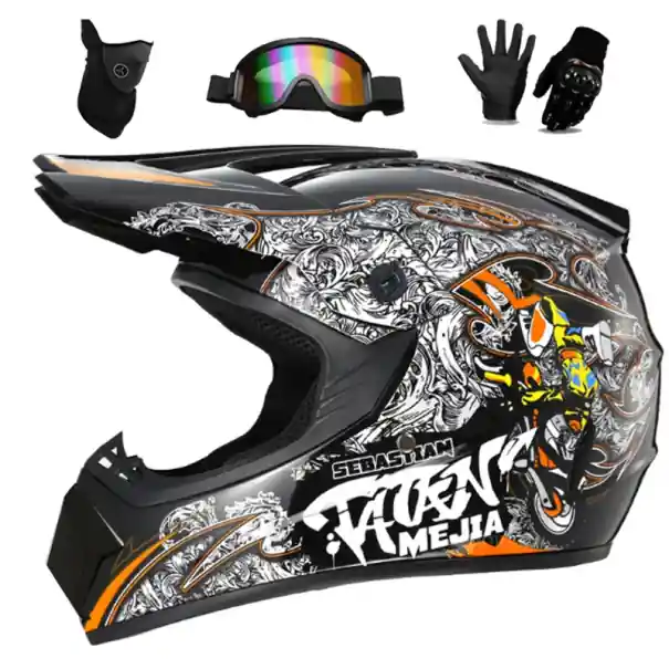 Cască integrală pentru motocicletă pentru copii cu ventilație și vizieră solară ABS 1,2 kg Negru cu imprimeu + mască, ochelari, mănuși Noutate