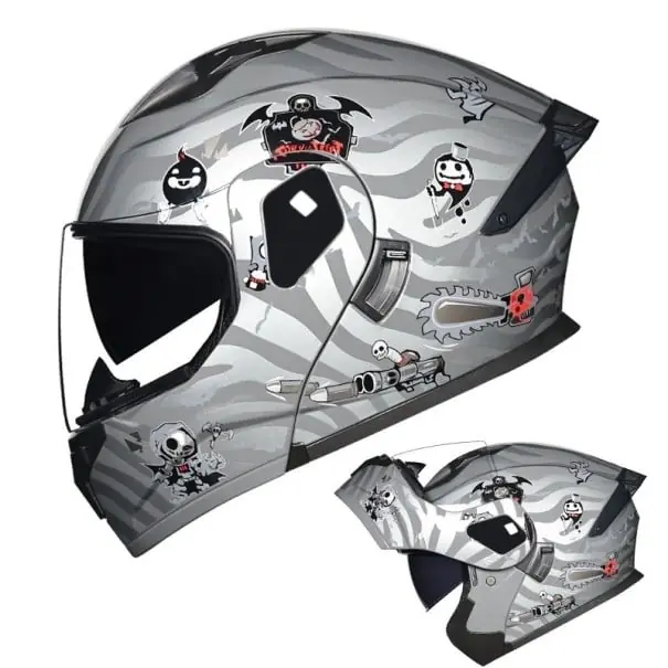 Doar azi Cască integrală pentru motocicletă unisex, cu fața rabatabilă din ABS+PC, gri, cu imprimeu de schelete și motive de Halloween