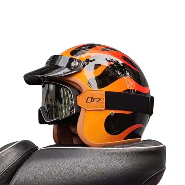Casca Moto Retro cu Flacari Portocalii Material ABS Ochelari de protectie Casca Chopper in stil vintage Trotineta Café Racer Reducere extra