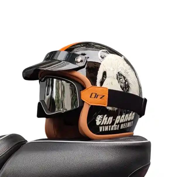 Cască moto retro cu motiv panda Cască deschisă neagră cu ochelari Cască de protecție ABS Echipament elegant pentru motociclete Chilipir