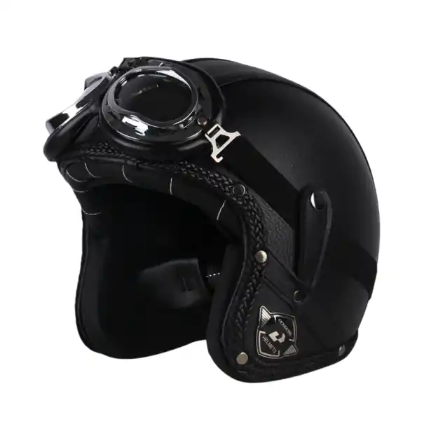 Transport gratuit Casca moto retro neagra cu ochelari de protectie Constructie ABS Stil clasic cu piele artificiala Casca vintage cu protectie ochi pentru scuter si motocicleta