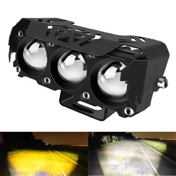 Disponibil imediat Far LED cu trei puncte pentru motociclete Fază lungă albă și fază scurtă galbenă Corp din aluminiu IP67 DC/AC 10–80V Iluminare moto durabilă
