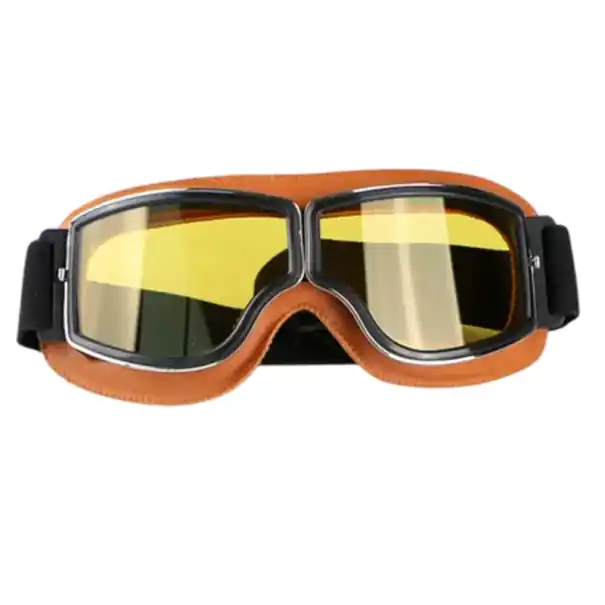 Super ofertă Ochelari de motocicletă retro portocalii, 15 x 5 cm, protecție UV, ramă PC ABS, lentile galbene, piele ecologică, ochelari de motocicletă eleganți, aspect vintage.