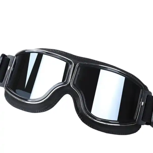 Ochelari de protecție retro pentru motocicletă, negri, 15 x 5 cm, sticlă argintie, protecție UV, ochelari de protecție eleganți din piele ecologică, PC ABS Mai ieftin