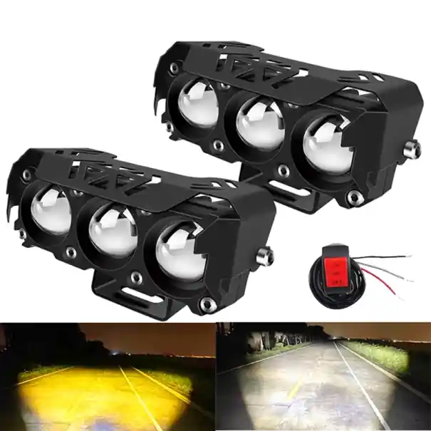 Mai ieftin Set de 2 faruri LED cu trei puncte 50W 1000 lm pentru motociclete Lumină albă și galbenă DC/AC 10–80V IP67 Întrerupător pornit/oprit Carcasă din aluminiu Fazică lungă și scurtă