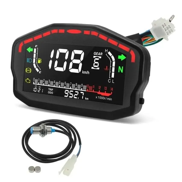 Comandă acum Tachometru digital pentru motociclete 16,5 x 9,3 x 4,2 cm ecran LCD Odometrie Ceas Semnale Transmisie Indicator de combustibil IP65 Rezistent la apă Măsurător de kilometri