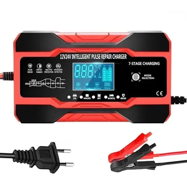 Promoție Încărcător auto pentru baterii 12–24 V 10 A Încărcător inteligent cu puls de reparare cu ecran LCD pentru acumulatori cu plumb, AGM și GEL priză EU
