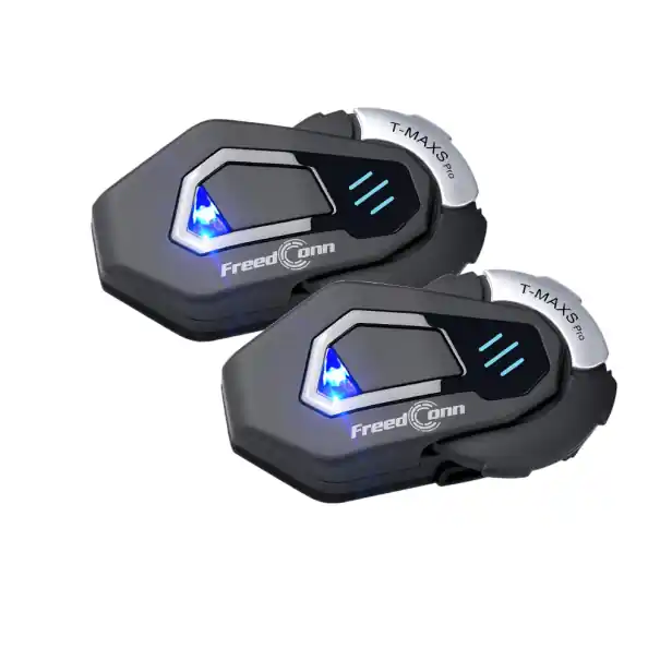 Lichidare de stoc Set de 2 interfoane Bluetooth T-MAX S Pro, 2000 m, compatibile FreedConn, difuzoare micro HIFI pentru 6 pasageri, FM A2DP, impermeabile IPX