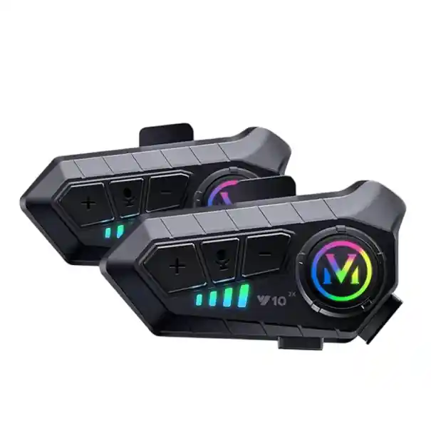 Cumpără online Set de 2 interfoane pentru motocicletă Y10 cu microfon fix, Bluetooth 5.3 IPX6, autonomie baterie 72 h, rază de acțiune 300 m, pentru căști deschise și rabatabile