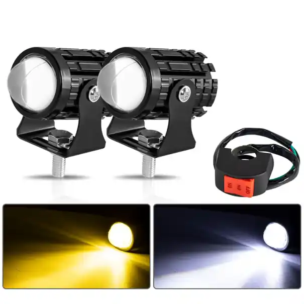 Reduceri Set de 2 lumini LED pentru motocicletă, 3000 lm, alb cald, IP67, impermeabile, din aliaj de aluminiu, cu întrerupător, montare universală, reflector frontal