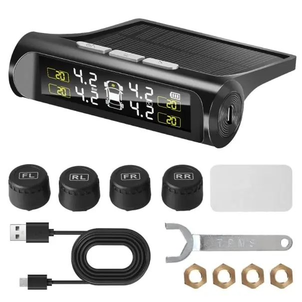 Preț promoțional Monitor solar TPMS 10 x 8 x 2,6 cm Sistem de monitorizare a presiunii în anvelope cu alimentare USB Afișaj LCD 4 senzori externi Auto Wireless