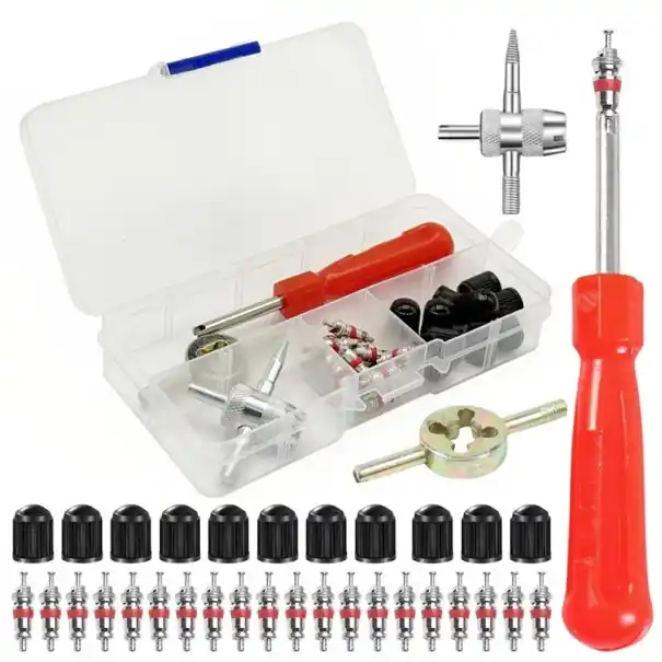 Ofertă limitată Set de 33 de scule pentru repararea supapelor anvelopelor, șurubelniță cu mâner crestat și accesorii pentru mașini și motociclete, plastic + metal