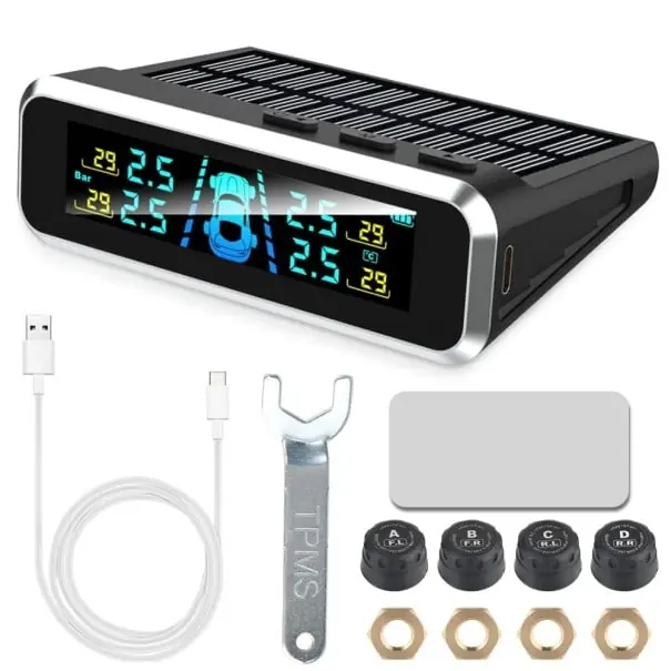 Monitor solar TPMS, afișaj LCD de 9,5 x 6,2 x 3 cm, 4 senzori externi, încărcare USB, sistem wireless de monitorizare a presiunii și temperaturii în anvelope Preferatul clienților