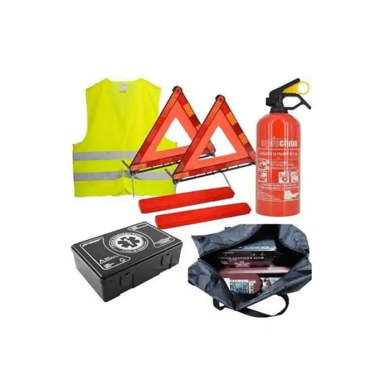 Kit siguranta auto / pachet legislativ - Geanta, stingator auto 1kg, trusa medicala, 2 x triunghi, vesta Reducere de preț